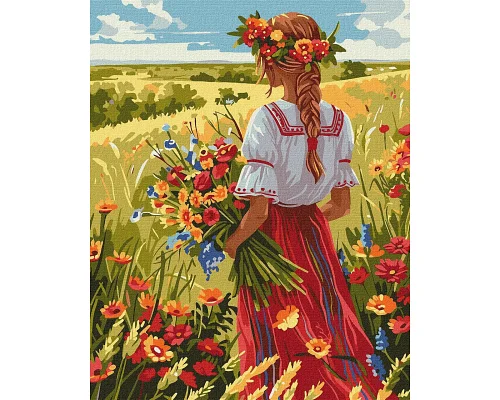 Картина за номерами патріотична Дівчина у вишиванці у рідних полях України 40х50 см Ідейка (KHO8448)
