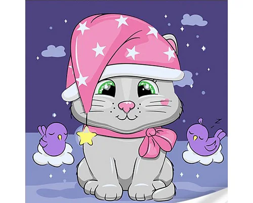 Картина за номерами Кіт у нічному капелюсі із зірками з лаком та з рівнем розміром 30х30 см Strateg: (ES-0875)