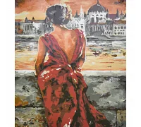 Картина за номерами Леді в червоній сукні з лаком та з рівнем розміром 30х40 см Strateg: (SS6460)