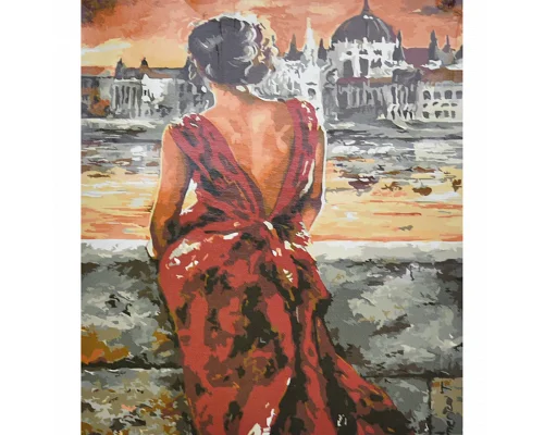 Картина за номерами Леді в червоній сукні з лаком та з рівнем розміром 30х40 см Strateg: (SS6460)