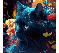 Картина за номерами Чорний кіт і квітковий мотив на чорному фоні розміром 40х40 см Strateg: (AV4040-49)