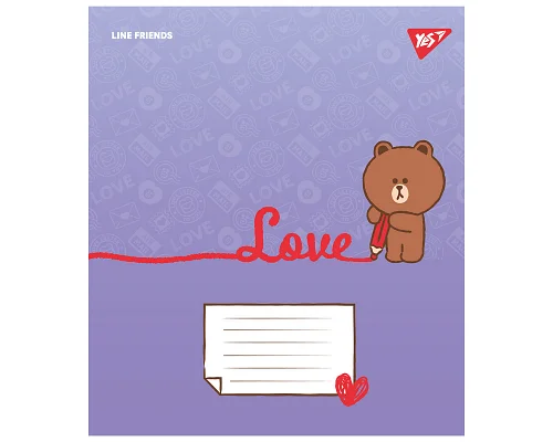 Тетрадь школьная Line Friends. Love letter А5 12 листов косая линия YES (766934)