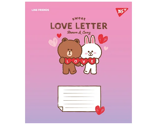 Зошит шкільний Line Friends. Love letter А5 12 аркушів коса лінія YES (766934)