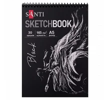 Скетчбук для графіки з чорним папером А5 15х21см 30 аркушів на пружині 145г/м2 Santi (743242)