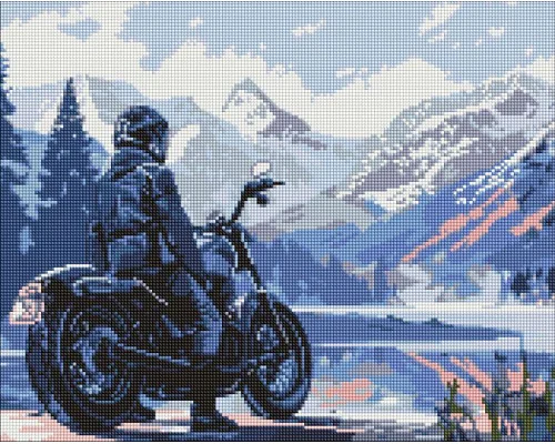 Алмазна мозаїка Мотоцикліст у горах 40х50 см Ідейка (AMO8037)
