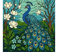 Картина по номерам Витраж. Павлин в магнолии art_selena_ua 30х30 Идейка (KHO6810)