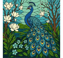 Картина по номерам Витраж. Павлин в магнолии art_selena_ua 30х30 Идейка (KHO6810)