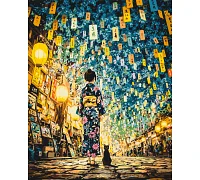 Картина по номерам Японская ночь. Девушка с котом 40х50 см Origami (LW3515)