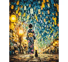 Картина за номерами Японська ніч. Дівчина з котом 40х50 см Origami (LW3515)