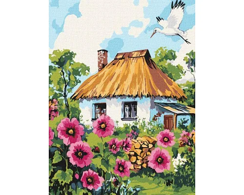 Картина за номерами Мальви біля хати 30х40 Ідейка (KHO6407)