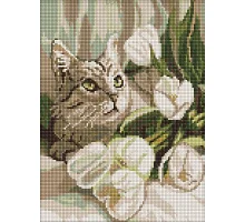 Алмазна мозаїка Зеленоокий кіт з тюльпанами art_selena_ua 30х40 Ідейка (AMO20099)