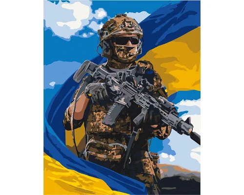 Картина за номерами Воїн ВСУ з прапором 40x50 см Оригамі (LW3268)